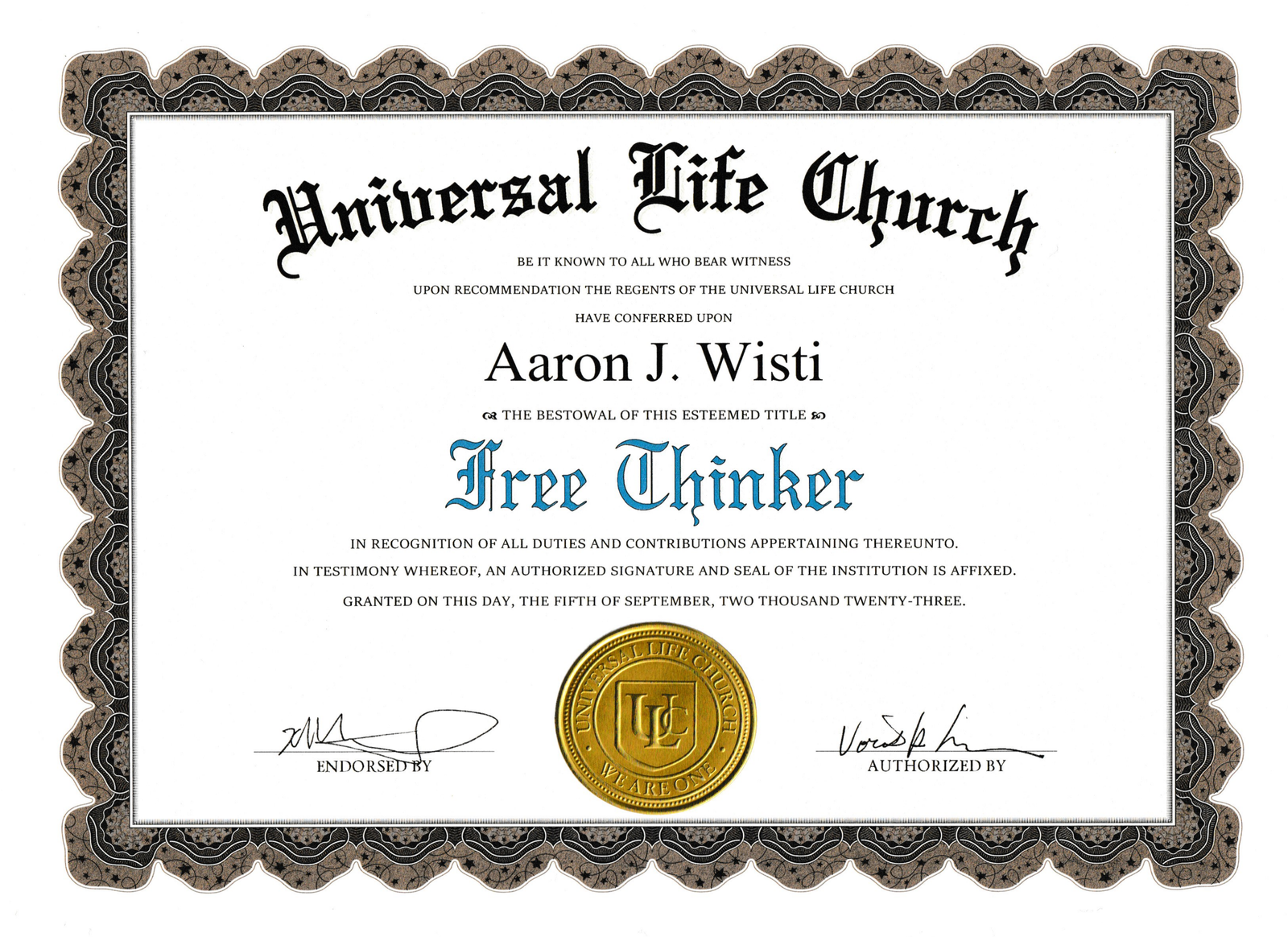 Aaron's Official Ministerial Title